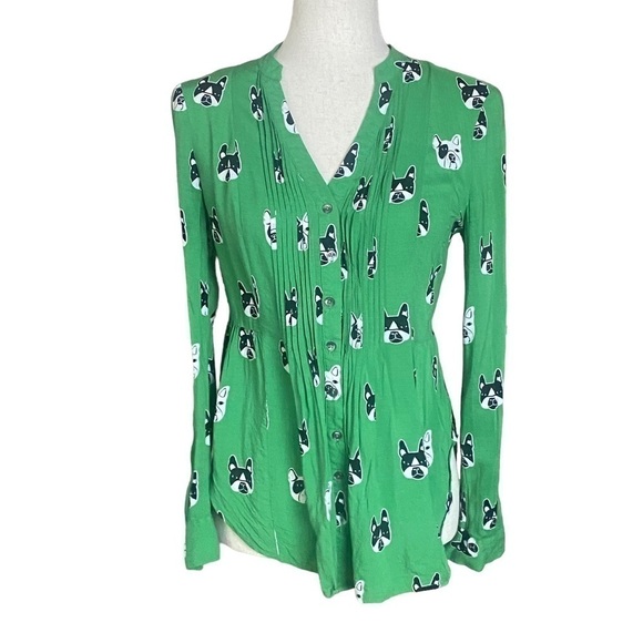 Maeve Anthropologie French bull dog blouse size 0 green - Picture 3 of 7